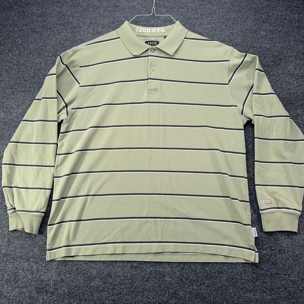 Izod XFG SWINGFLEX Polo Shirt Mens L Green Striped Long Sleeve Cool-FX VTG